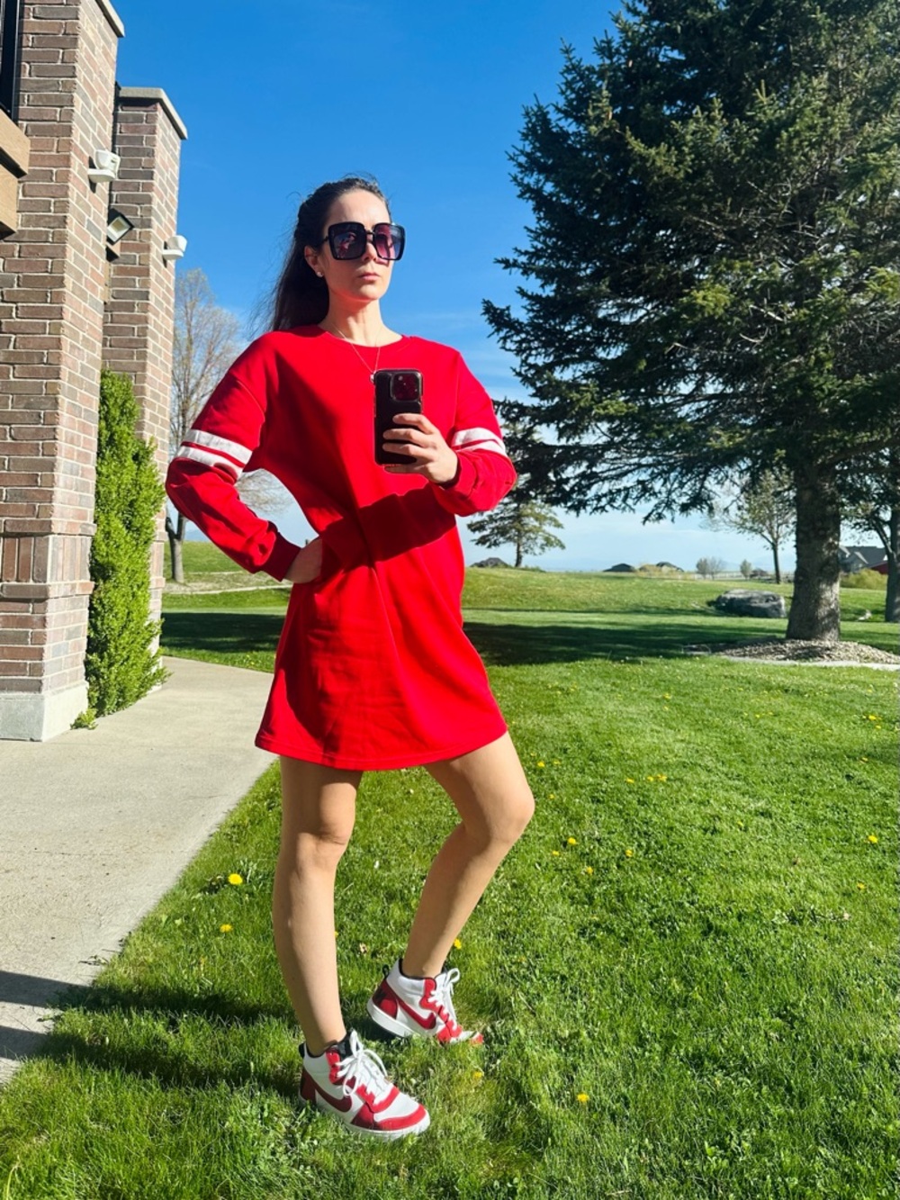Red Long-Sleeve Sporty Mini Dress - Women's